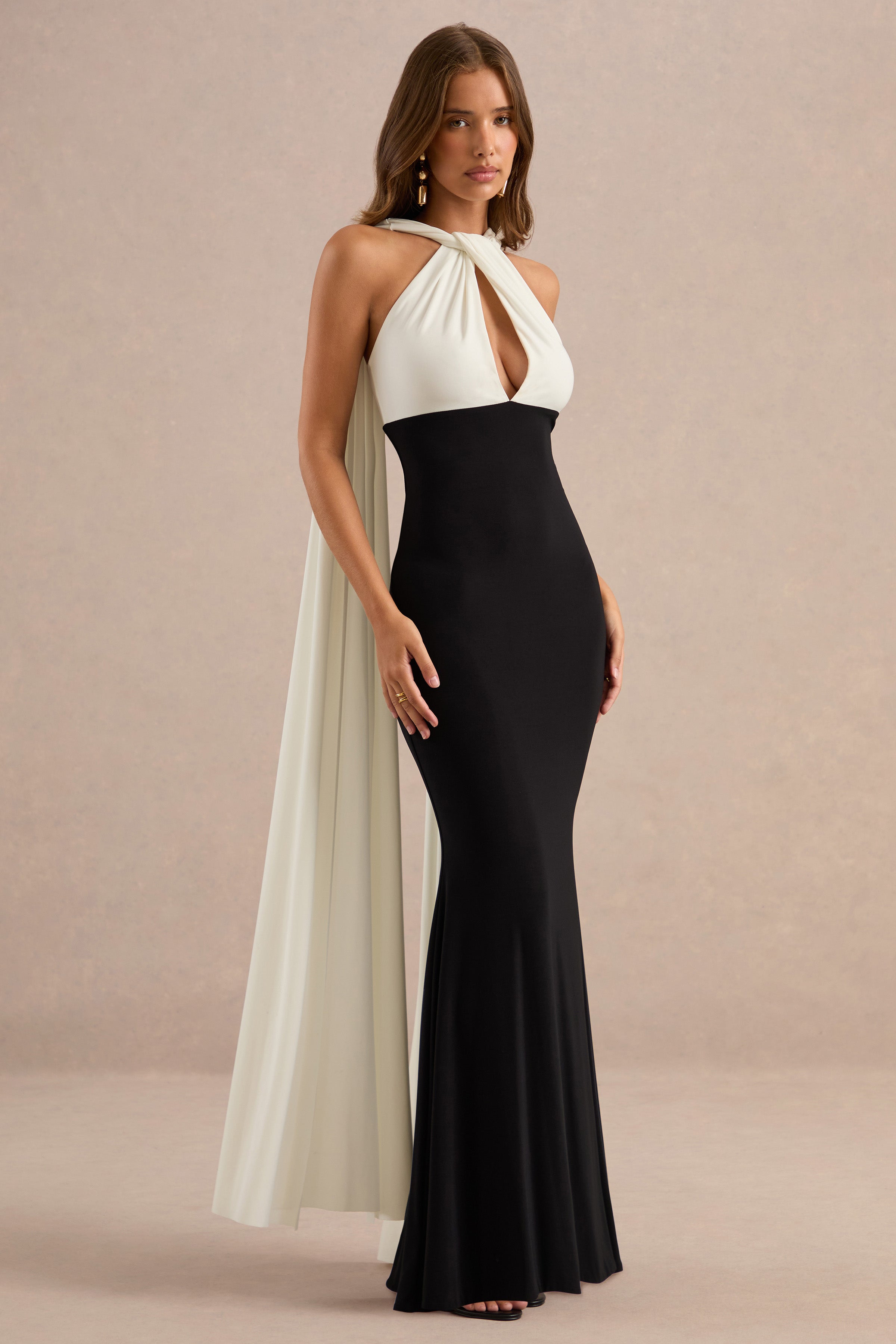 Cassina | Black And White Twist Halter-Neck Cape Maxi Dress