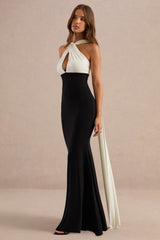 Cassina | Black And White Twist Halter-Neck Cape Maxi Dress