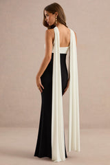 Cassina | Black And White Twist Halter-Neck Cape Maxi Dress