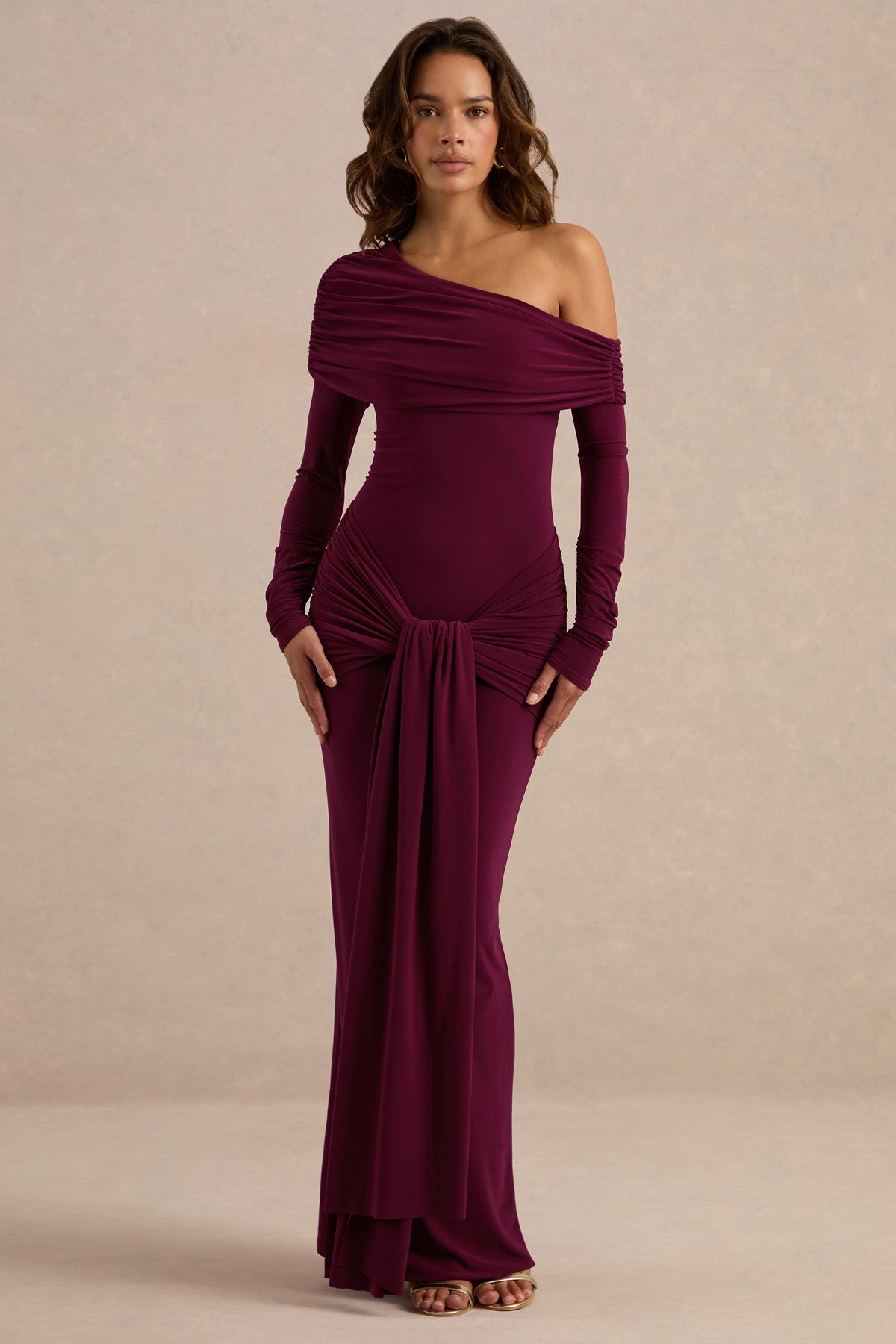 Avonlea | Burgundy Asymmetric-Neck Maxi Dress With Gathered Detailing