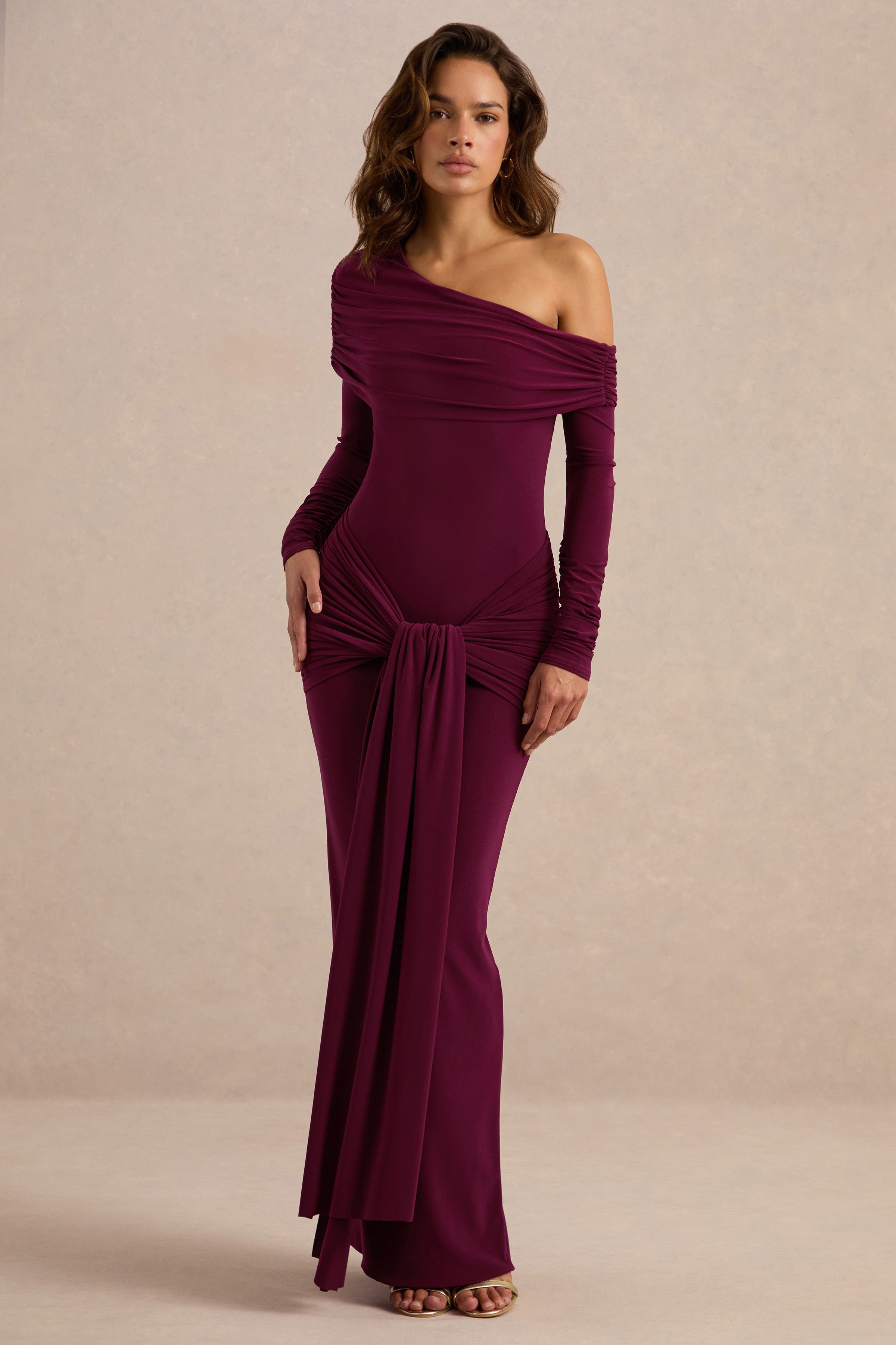 Avonlea | Burgundy Asymmetric-Neck Maxi Dress With Gathered Detailing