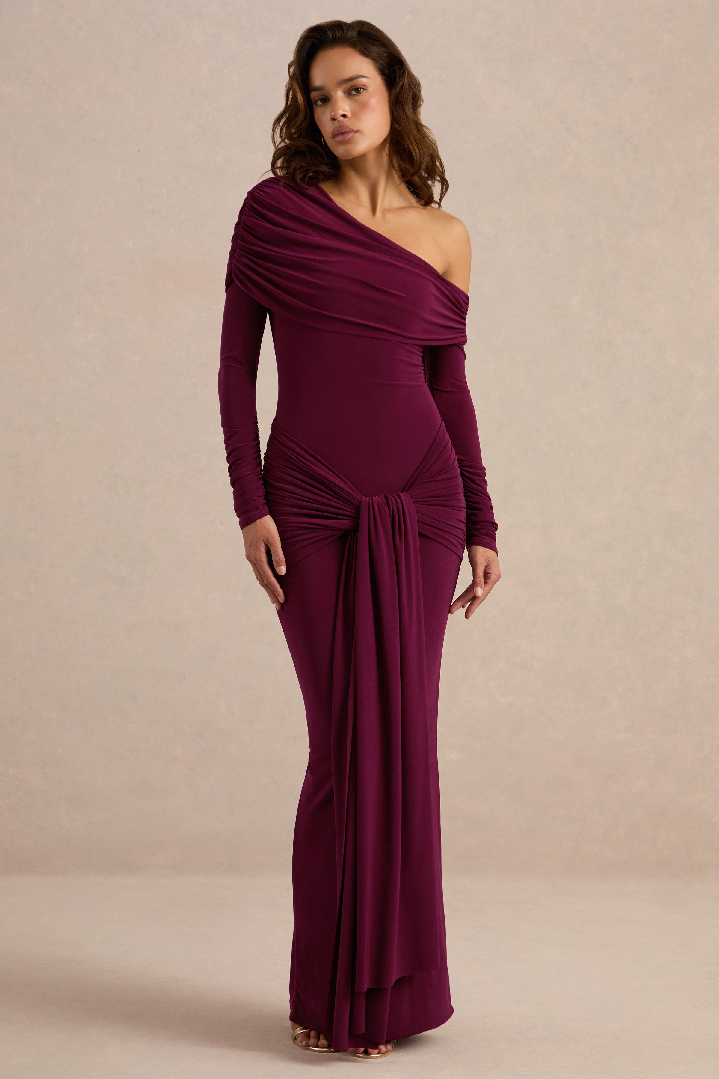 Avonlea | Burgundy Asymmetric-Neck Maxi Dress With Gathered Detailing