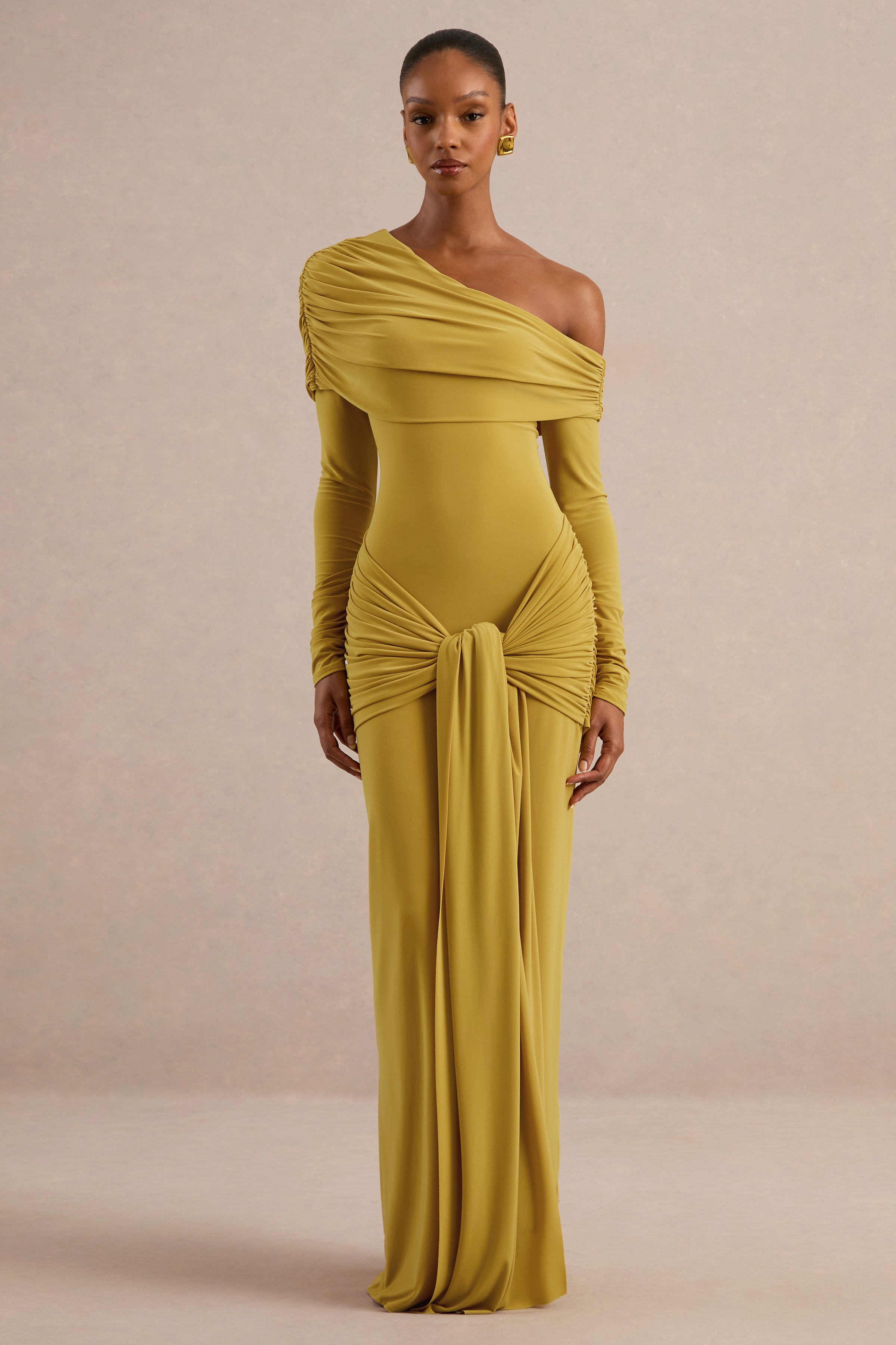 Avonlea | Mustard Asymmetric-Neck Maxi Dress With Gathered Detailing