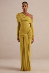 Avonlea | Mustard Asymmetric-Neck Maxi Dress With Gathered Detailing