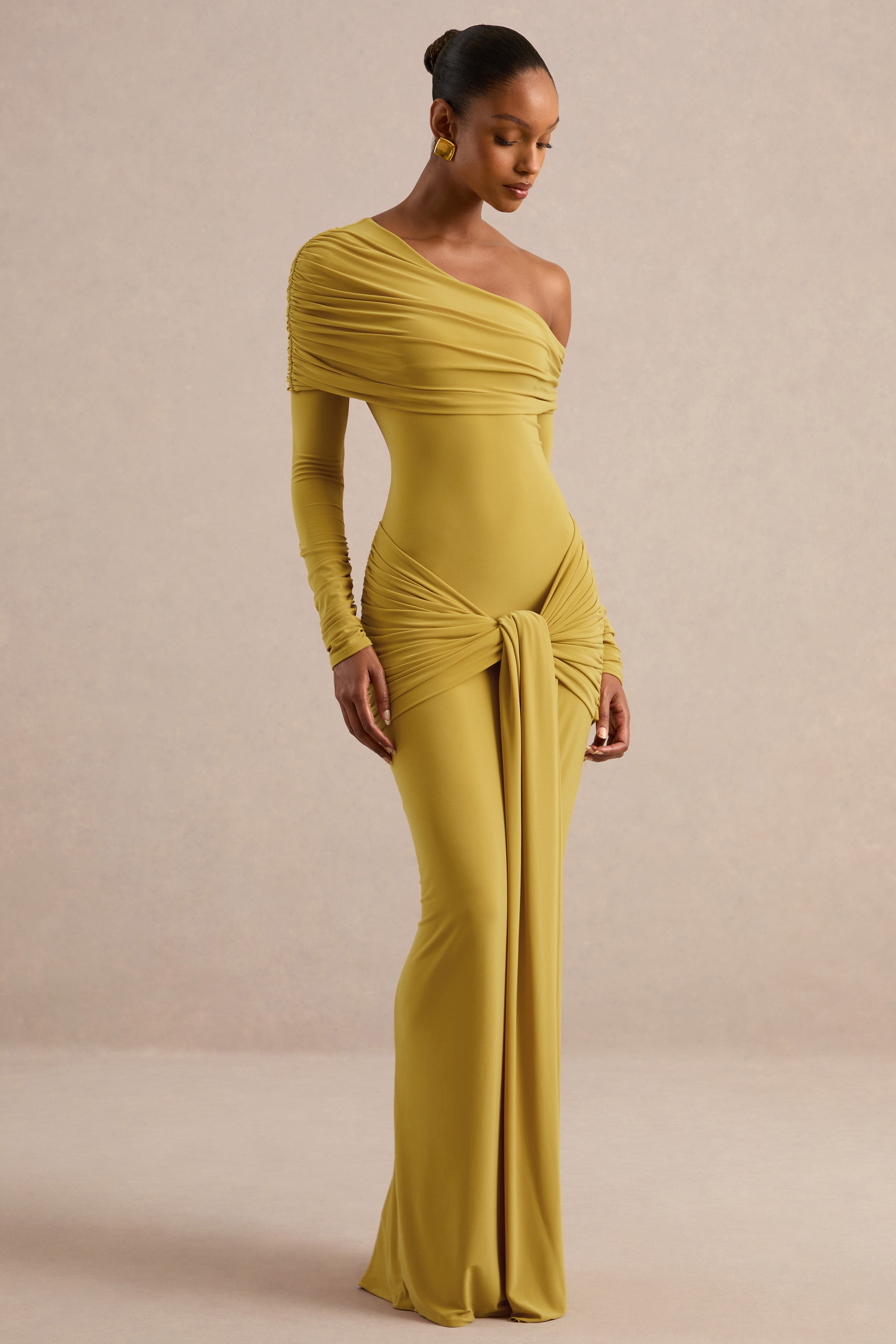 Avonlea | Mustard Asymmetric-Neck Maxi Dress With Gathered Detailing
