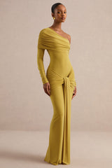 Avonlea | Mustard Asymmetric-Neck Maxi Dress With Gathered Detailing