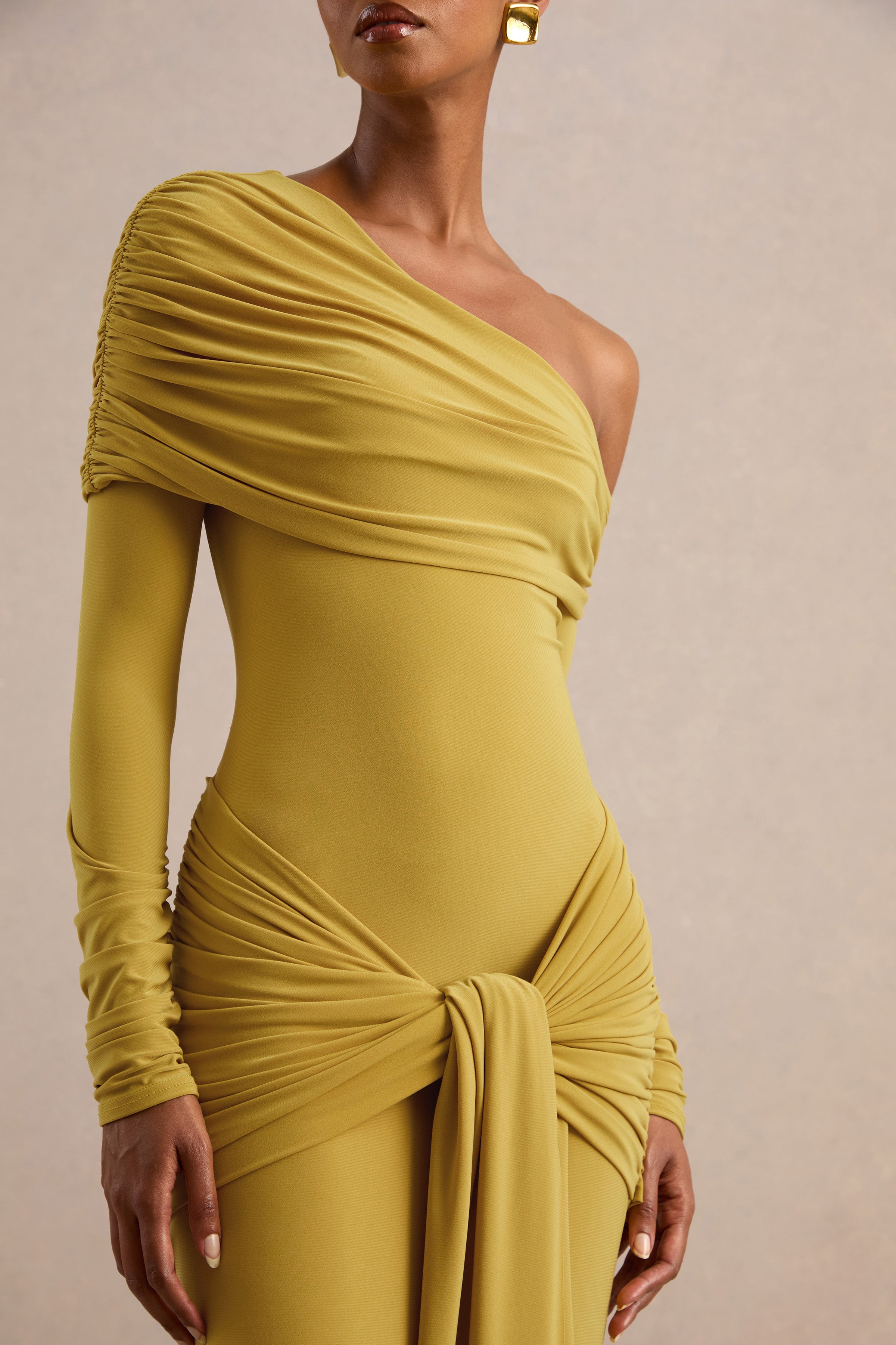 Avonlea | Mustard Asymmetric-Neck Maxi Dress With Gathered Detailing
