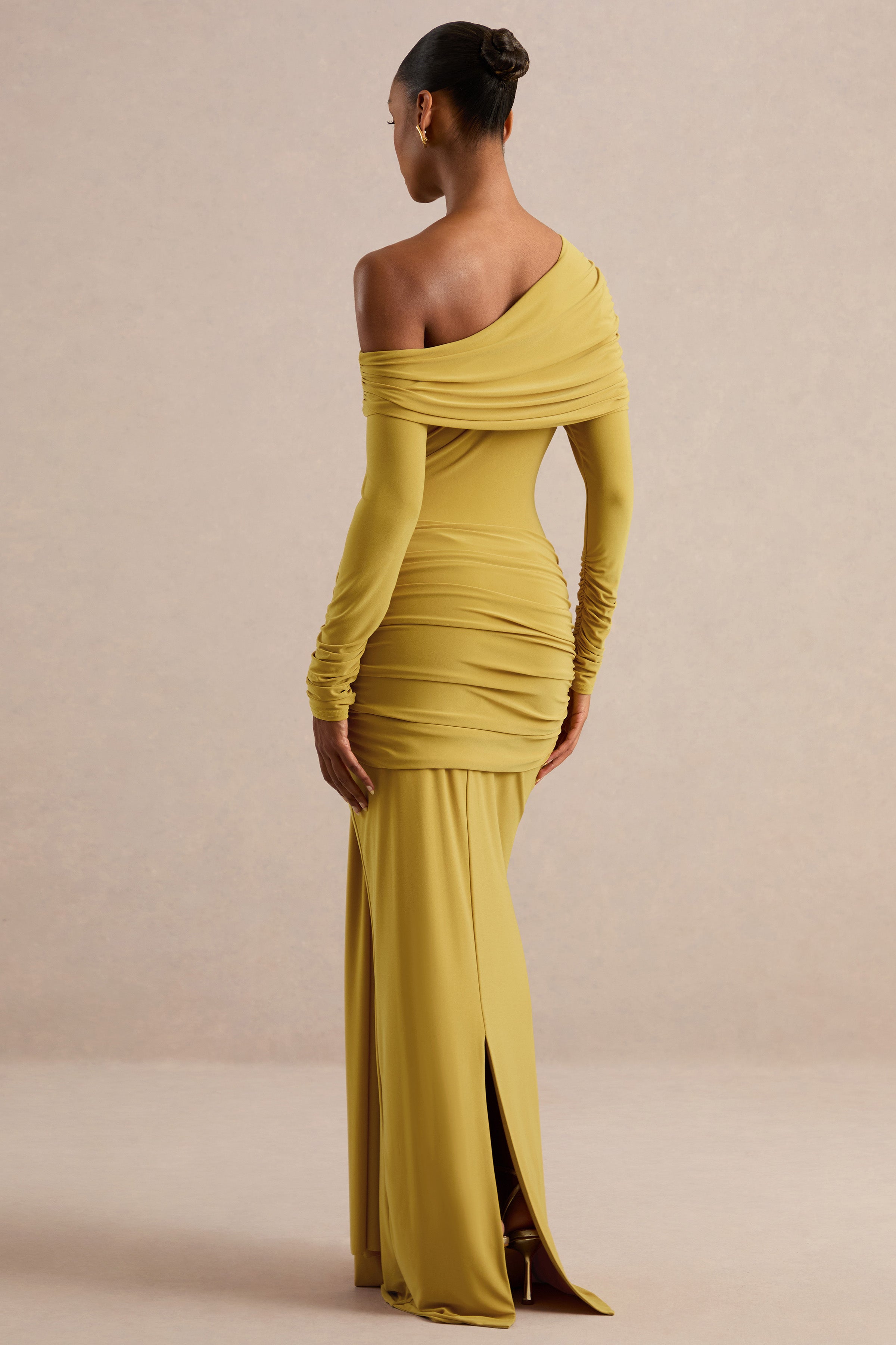 Avonlea | Mustard Asymmetric-Neck Maxi Dress With Gathered Detailing