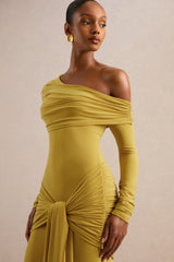 Avonlea | Mustard Asymmetric-Neck Maxi Dress With Gathered Detailing