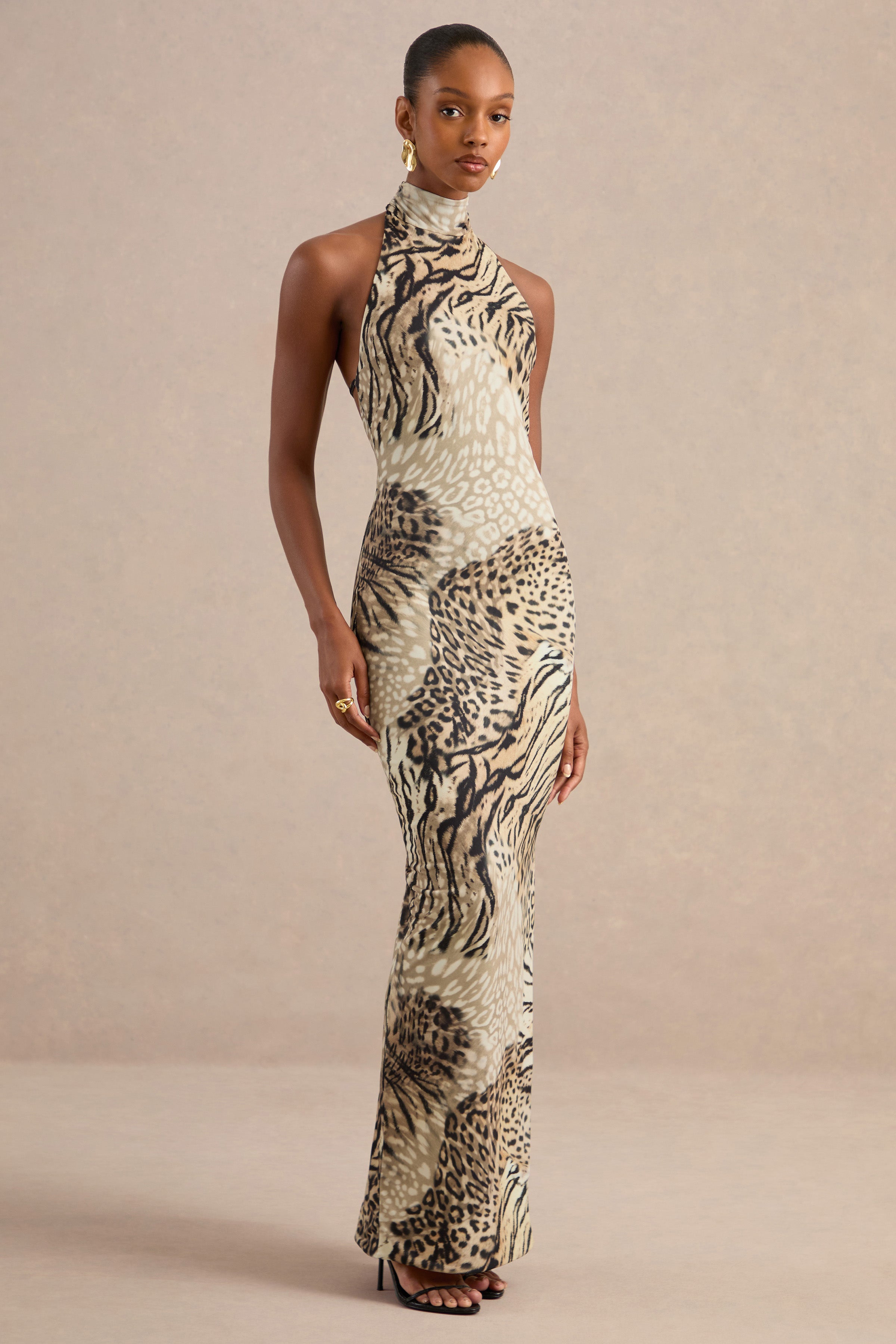 Arlise | Brown Animal Print Halter-Neck Maxi Dress