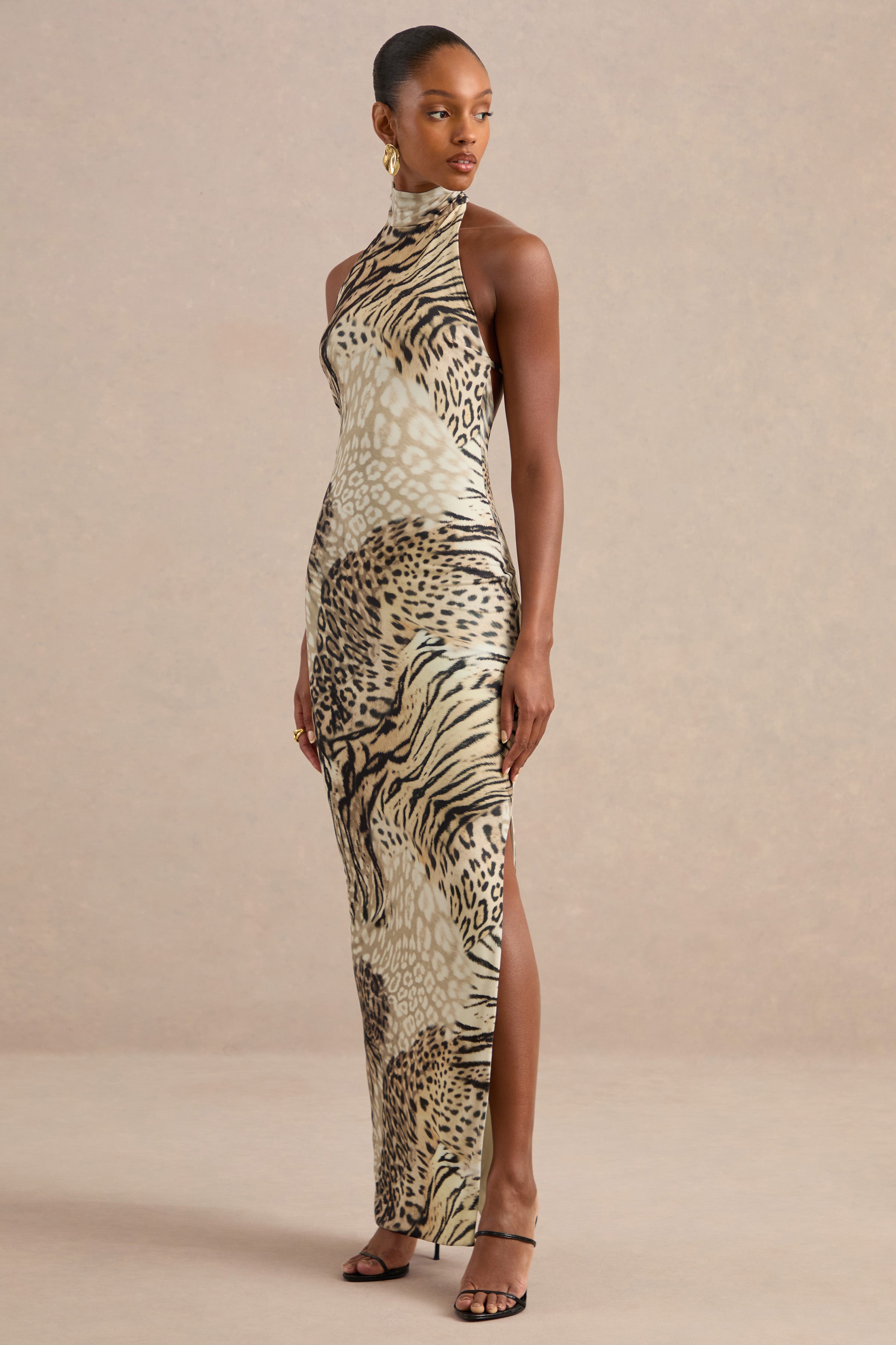 Arlise | Brown Animal Print Halter-Neck Maxi Dress