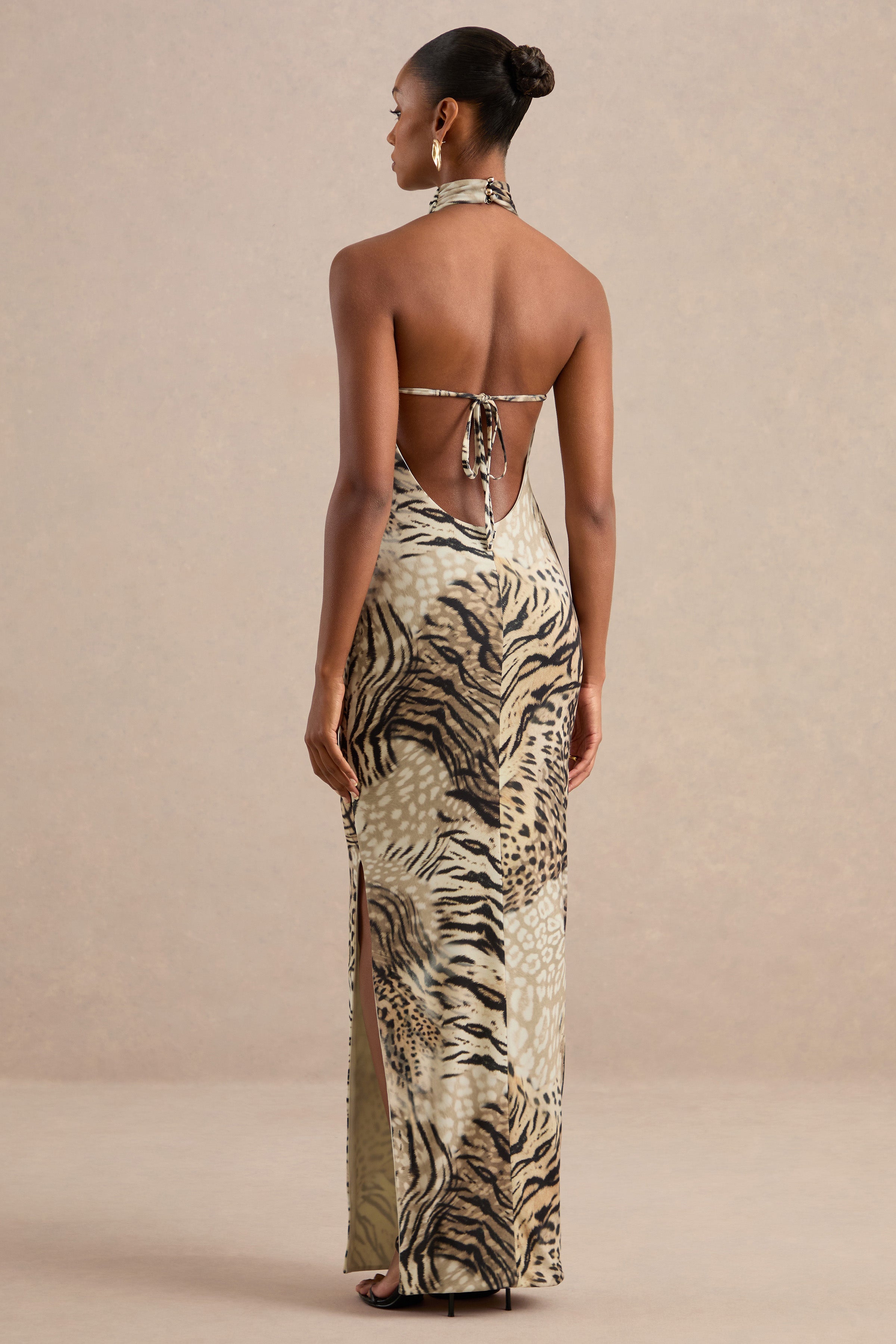 Arlise | Brown Animal Print Halter-Neck Maxi Dress