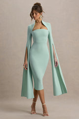 Linden | Light Green Fitted Cape-Sleeve Midi Dress