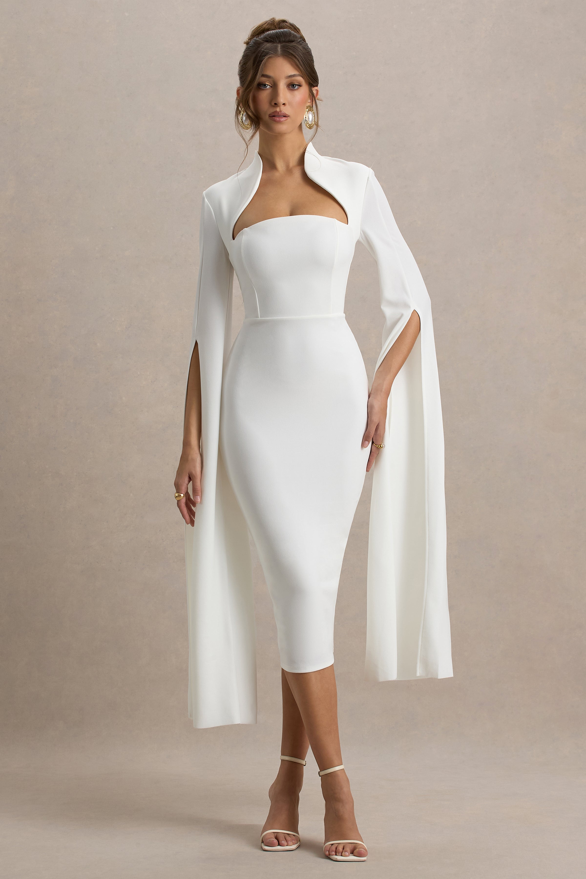 Linden | White Fitted Cape-Sleeve Midi Dress