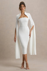 Linden | White Fitted Cape-Sleeve Midi Dress