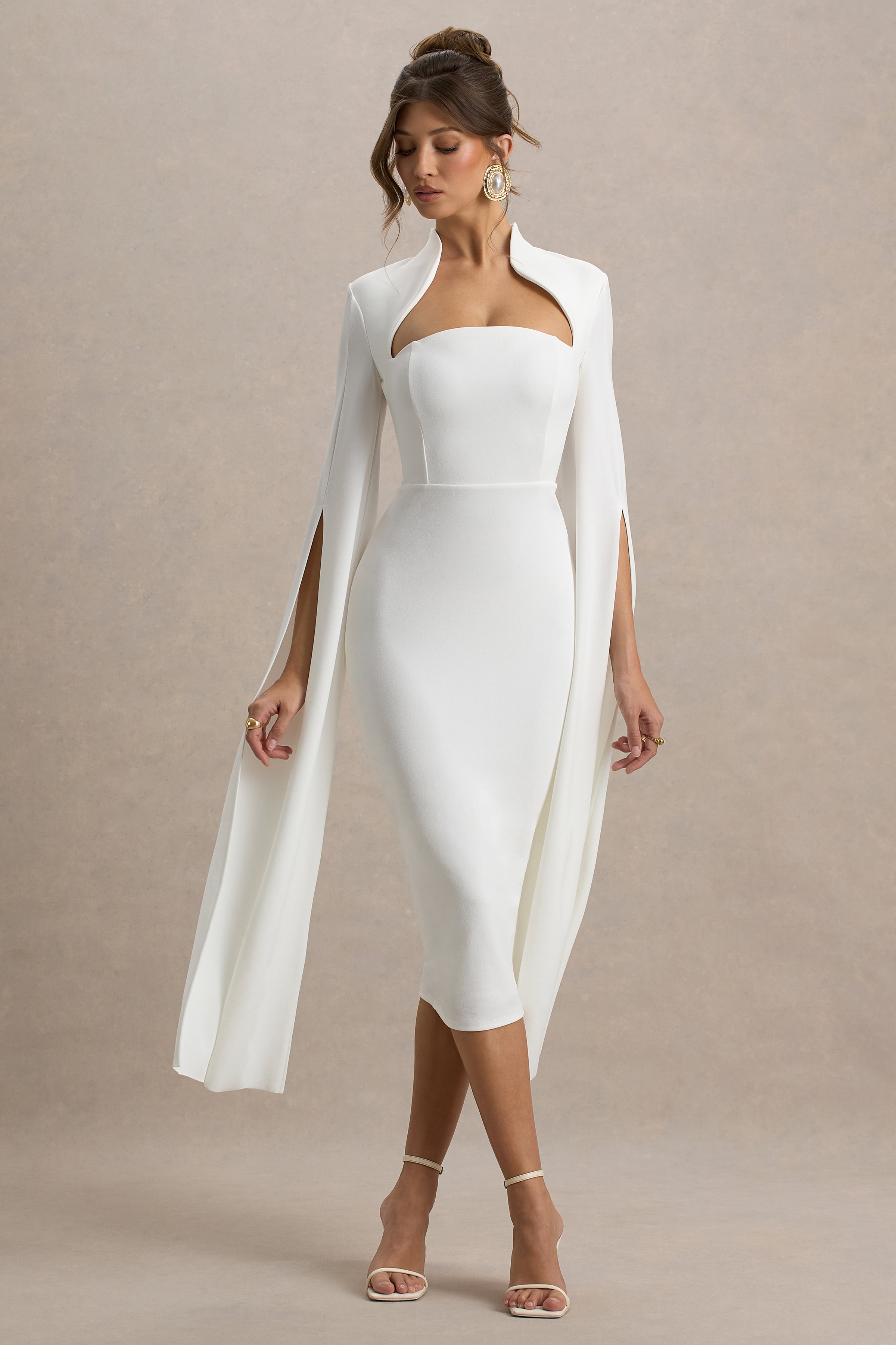 Linden | White Fitted Cape-Sleeve Midi Dress