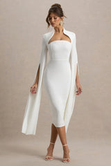 Linden | White Fitted Cape-Sleeve Midi Dress