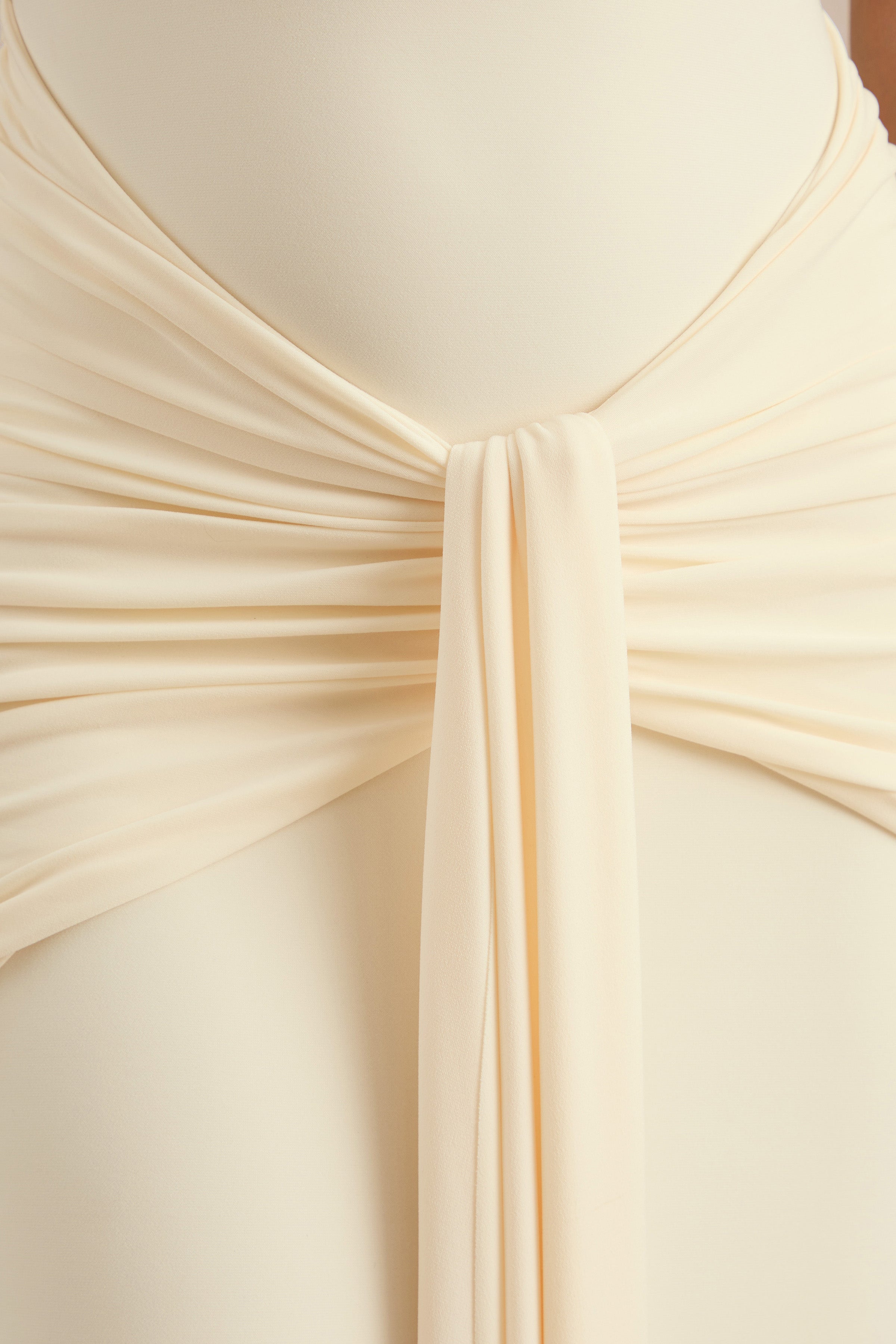 Avalie | Cream Plunge-Neck Maxi Dress With Gathered Detailing