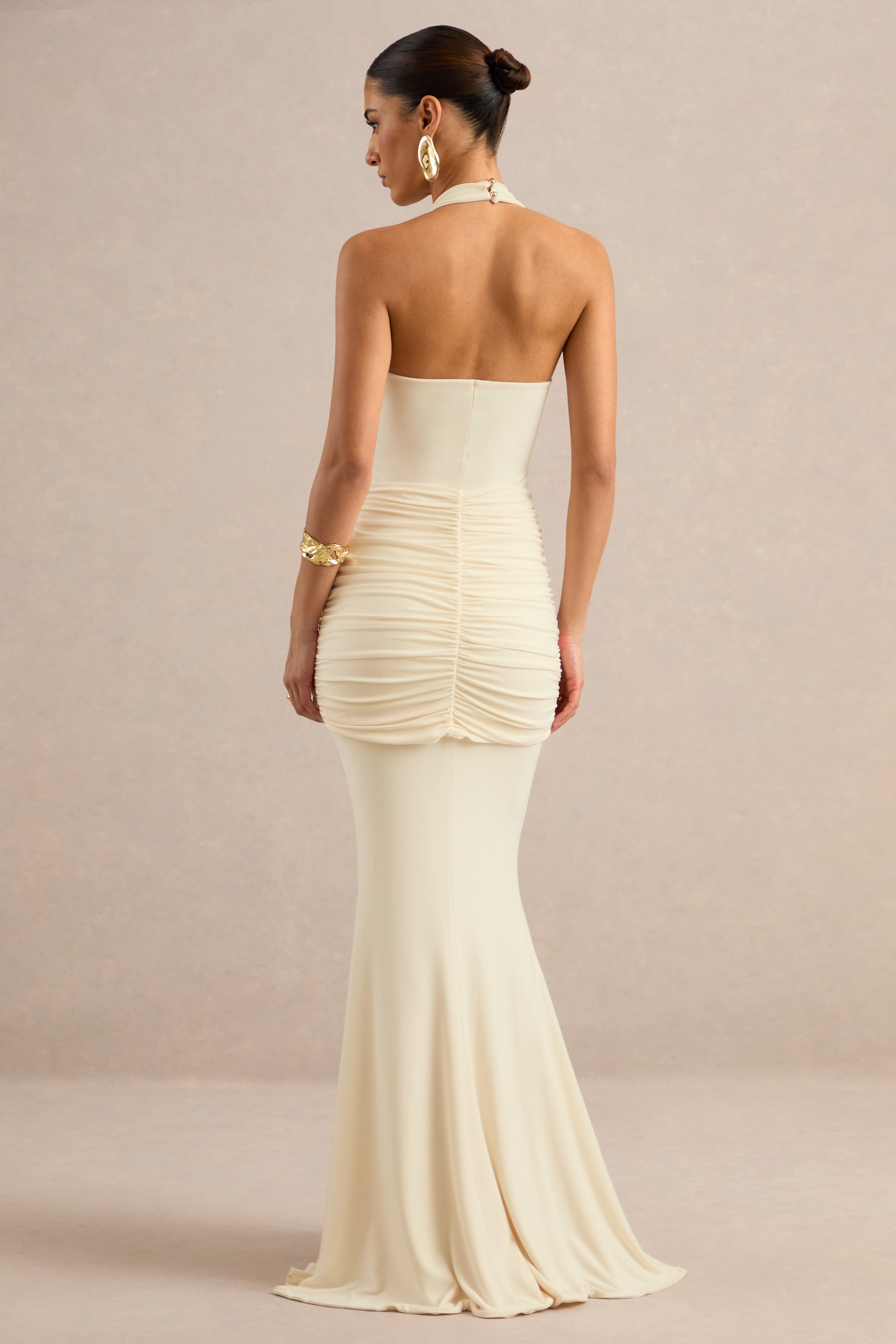 Avalie | Cream Plunge-Neck Maxi Dress With Gathered Detailing