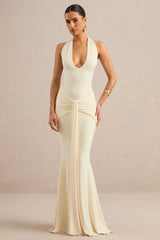 Avalie | Cream Plunge-Neck Maxi Dress With Gathered Detailing