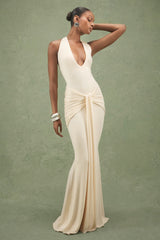 Avalie | Cream Plunge-Neck Maxi Dress With Gathered Detailing
