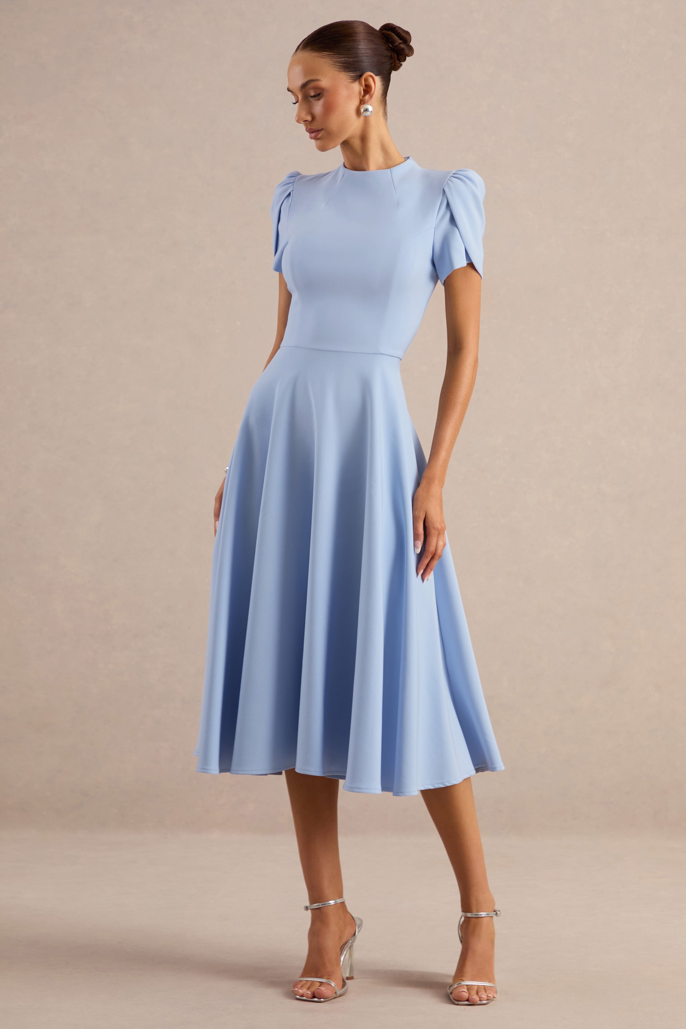 Vicky | Powder Blue High Neck Midi Dress With Puff Sleeves