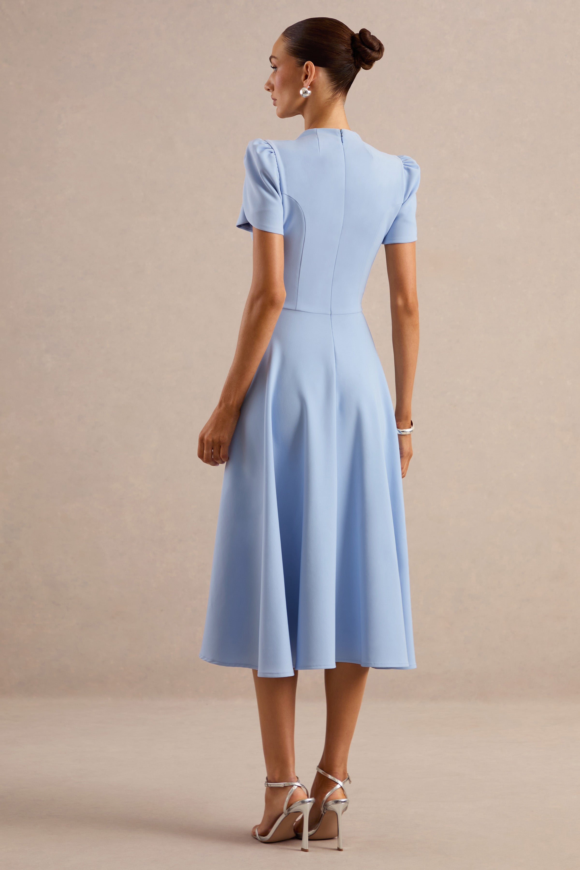 Vicky | Powder Blue High Neck Midi Dress With Puff Sleeves