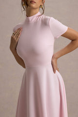 Bellona | Pink High-Neck High-Low Midi Dress