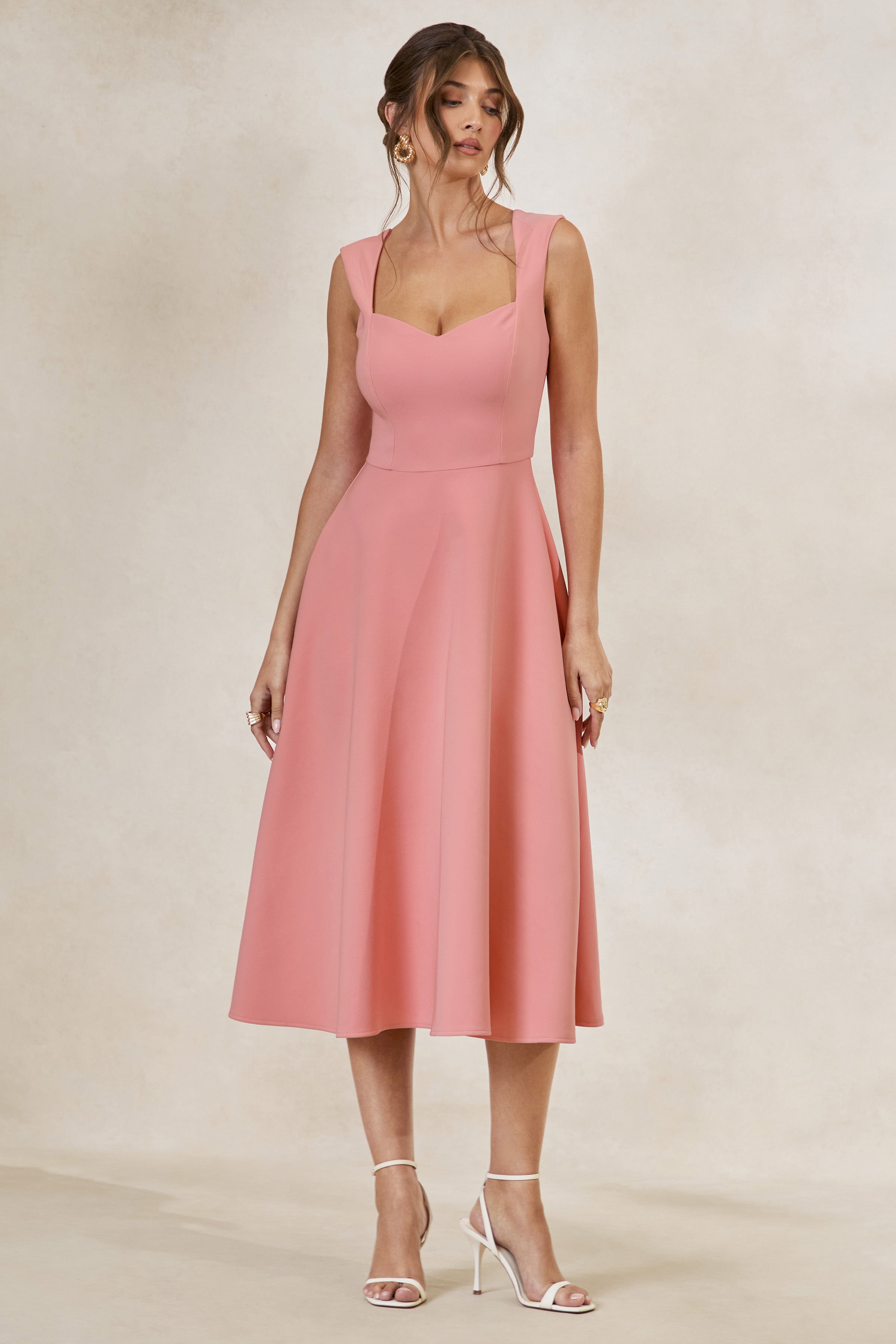 Andromeda | Coral Sweetheart-Neck Midi Dress