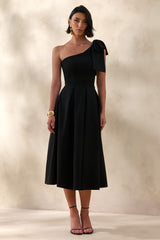 Meria | Black Asymmetric-Neck Midi Dress With Bow-Sleeve