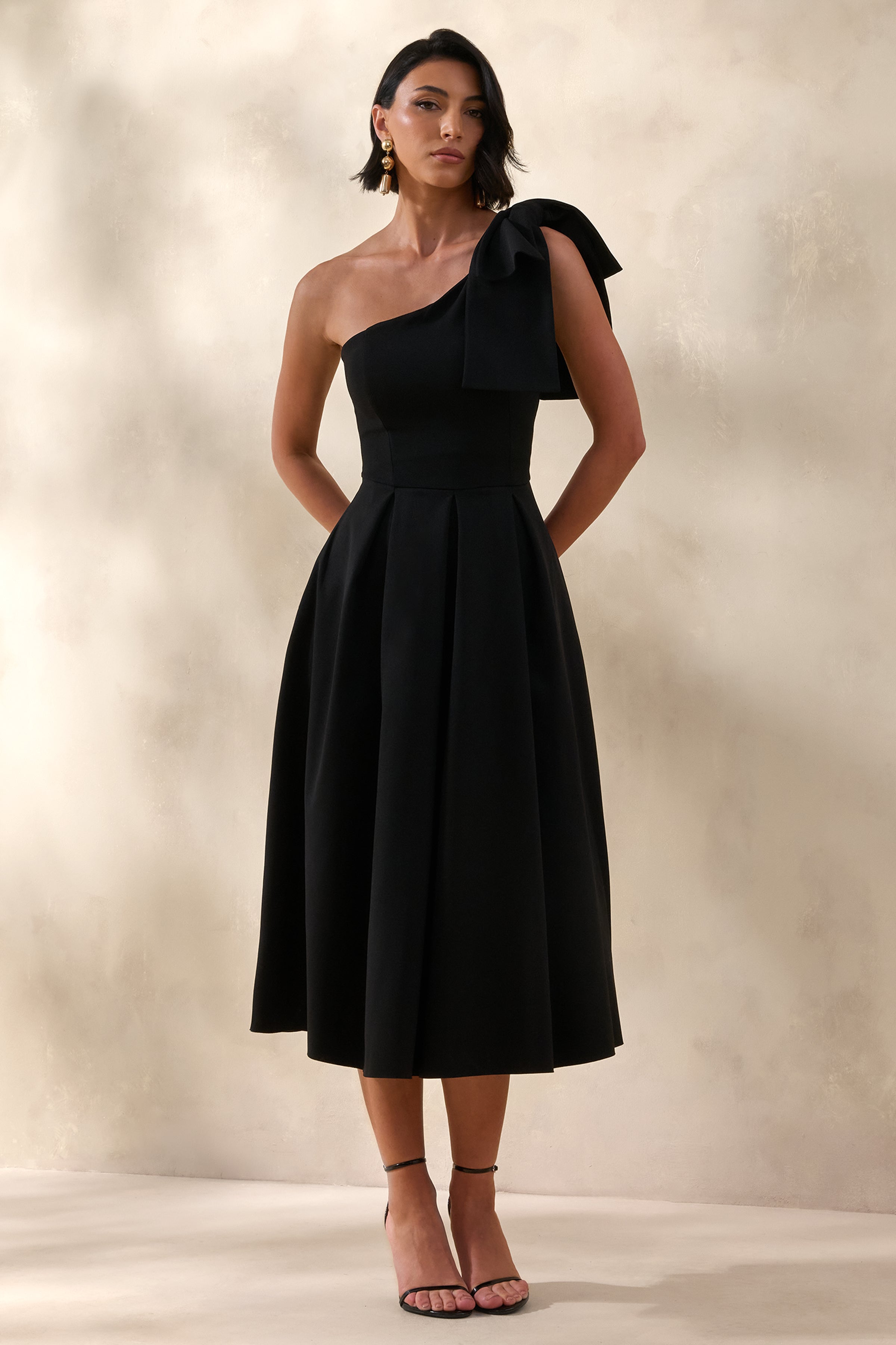 Meria | Black Asymmetric-Neck Midi Dress With Bow-Sleeve