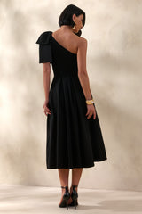 Meria | Black Asymmetric-Neck Midi Dress With Bow-Sleeve