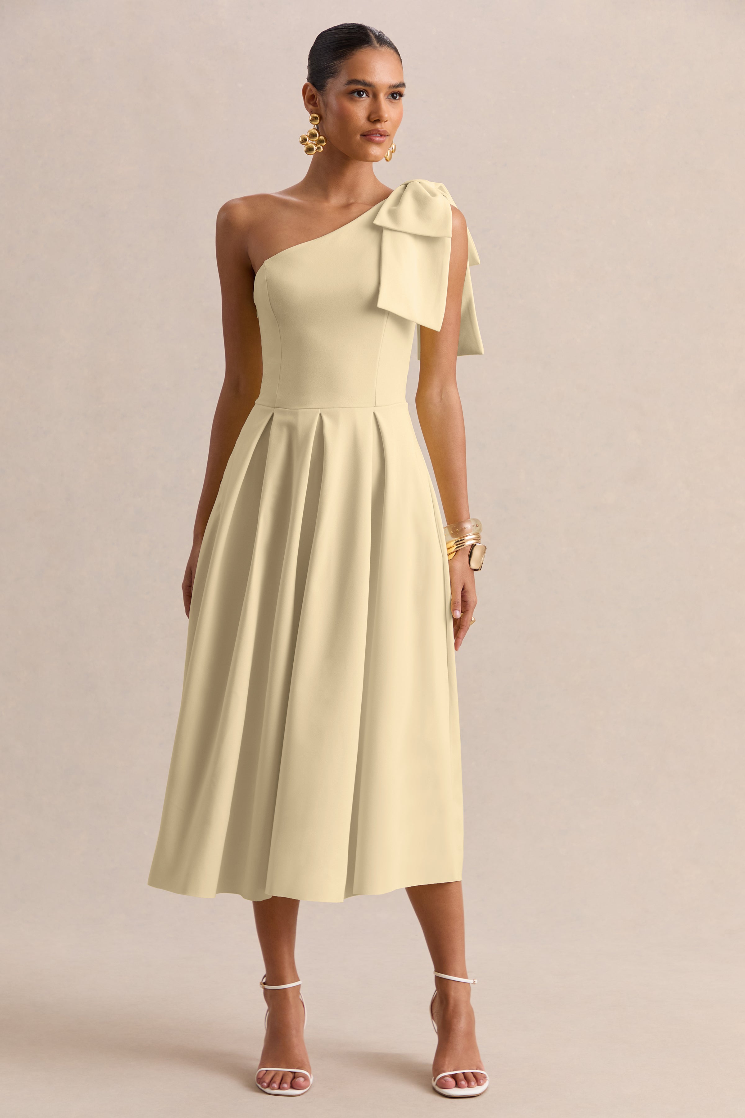 Meria | Lemon Asymmetric-Neck Midi Dress With Bow-Sleeve