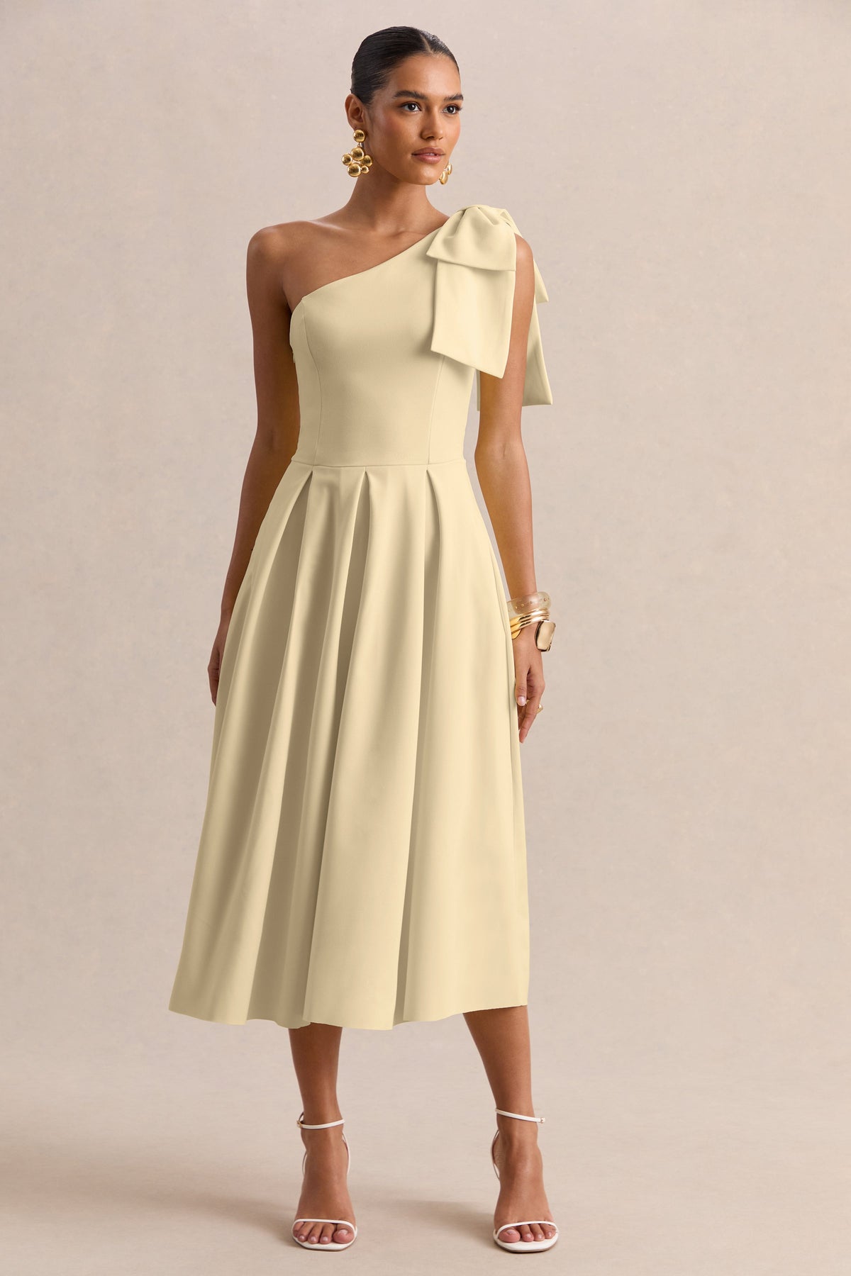 Meria | Lemon Asymmetric-Neck Midi Dress With Bow-Sleeve