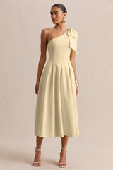 Meria | Lemon Asymmetric-Neck Midi Dress With Bow-Sleeve