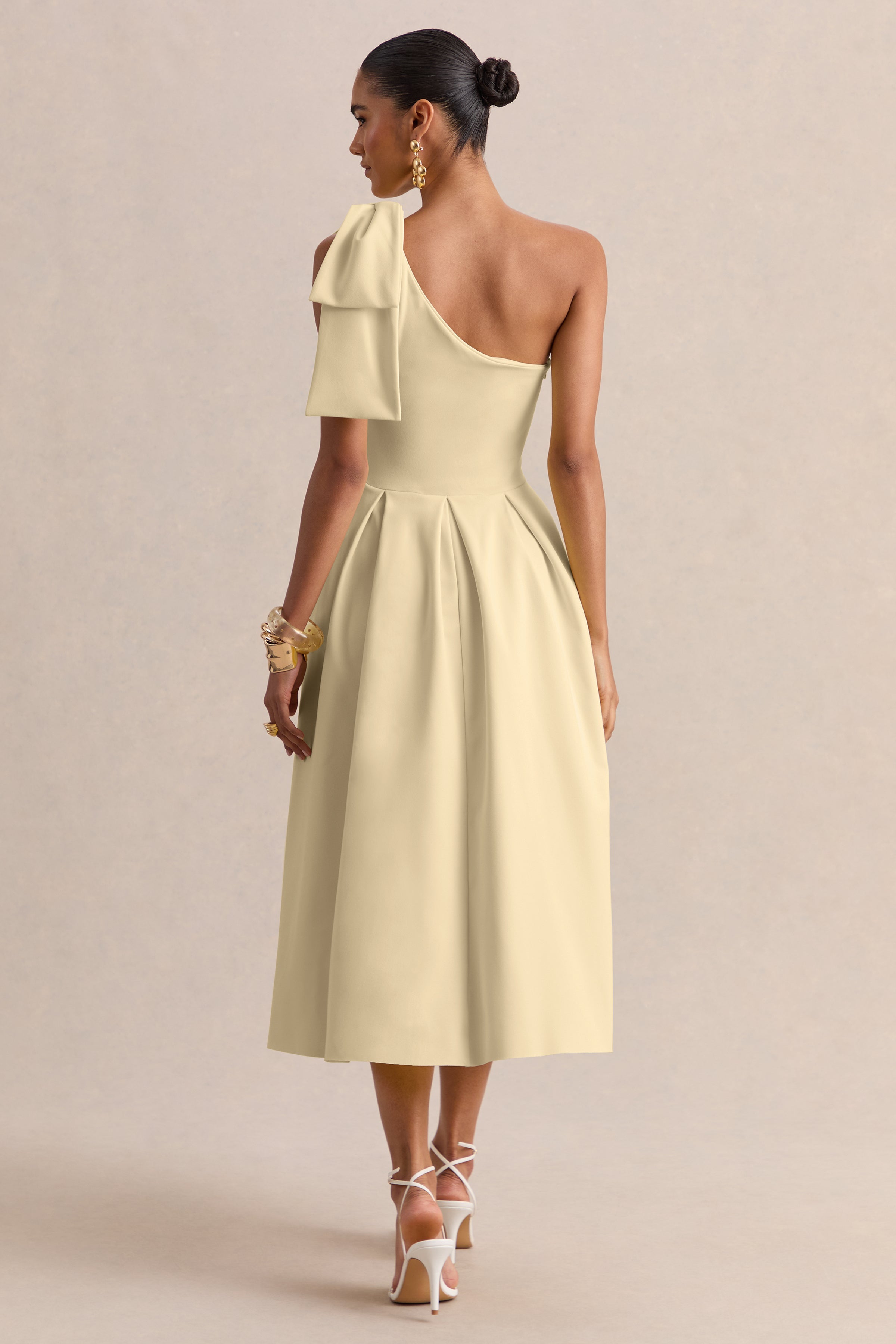 Meria | Lemon Asymmetric-Neck Midi Dress With Bow-Sleeve