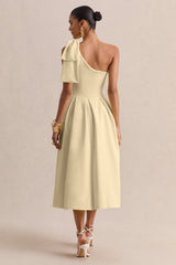 Meria | Lemon Asymmetric-Neck Midi Dress With Bow-Sleeve