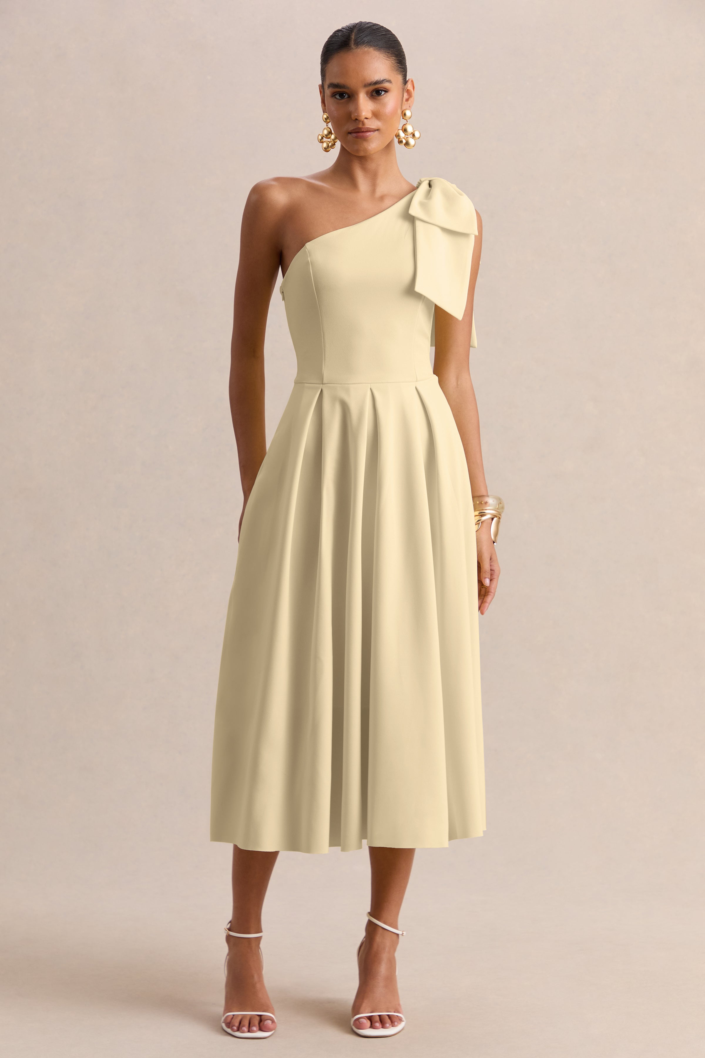 Meria | Lemon Asymmetric-Neck Midi Dress With Bow-Sleeve