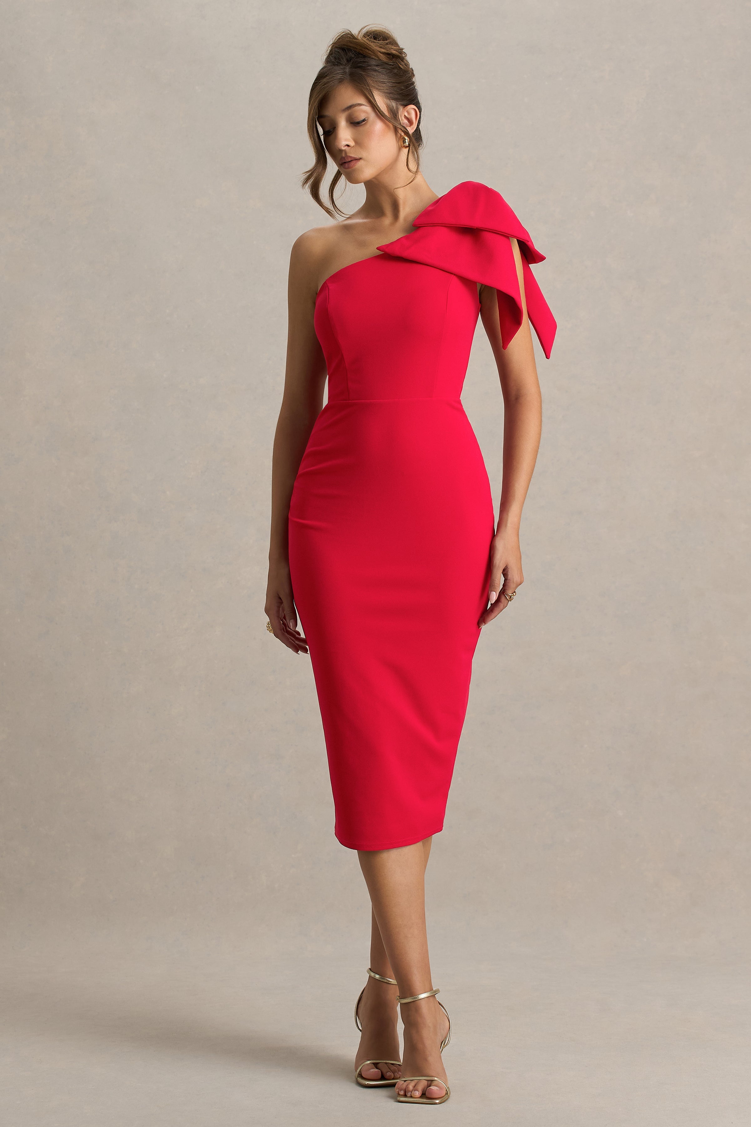 Ambretta | Red One-Shoulder Midi Dress With Bow