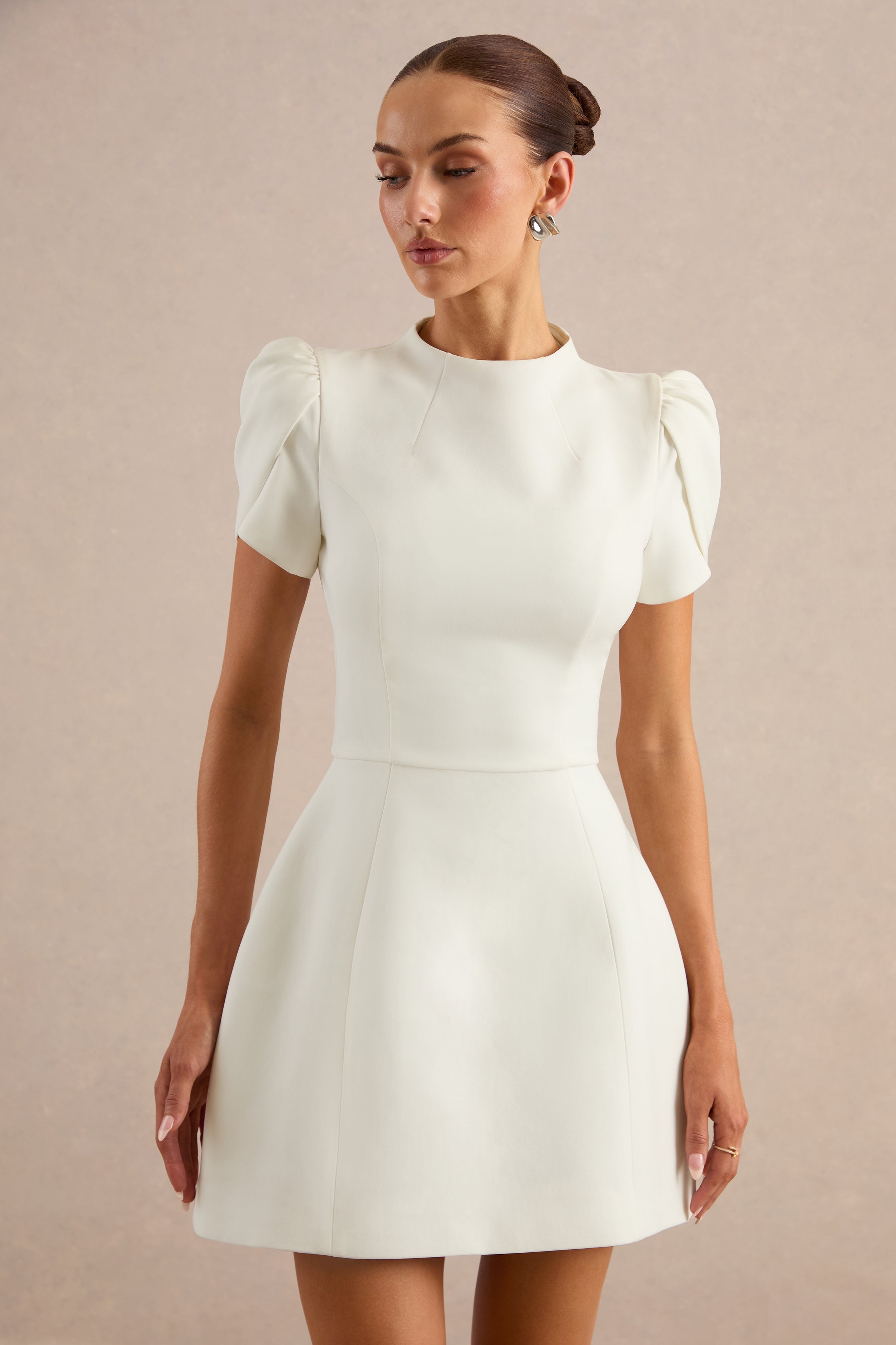 Carabella | White High-Neck Short-Sleeve Mini Dress