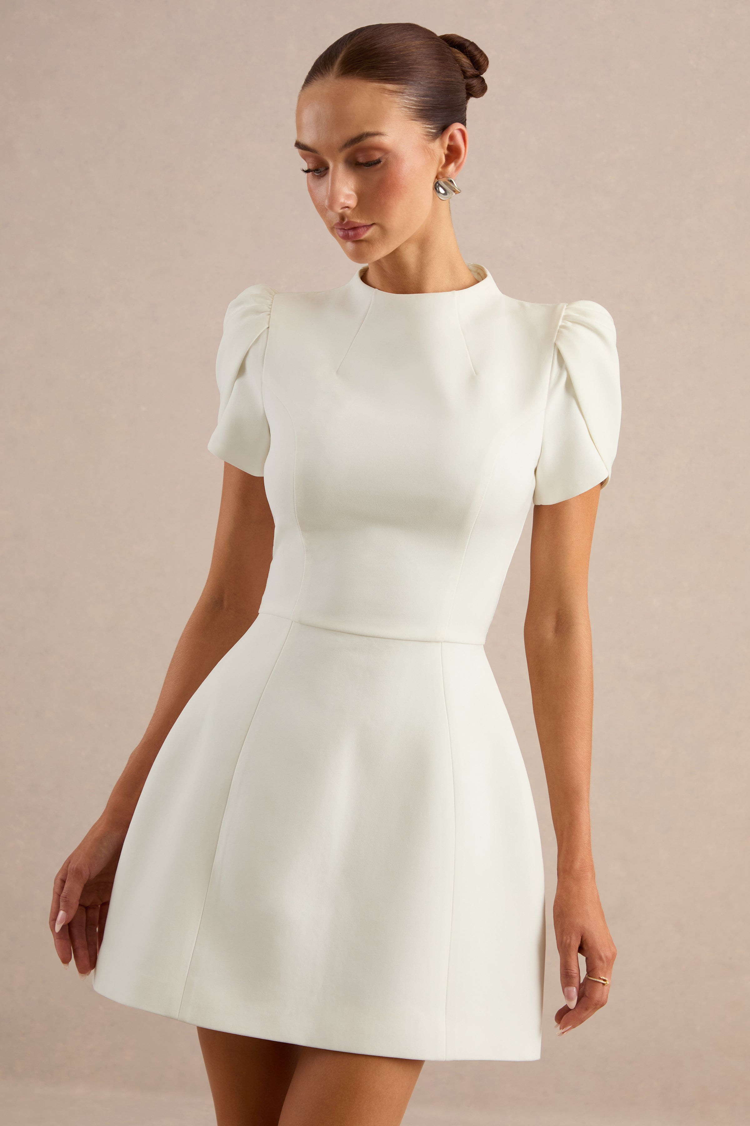 Carabella | White High-Neck Short-Sleeve Mini Dress