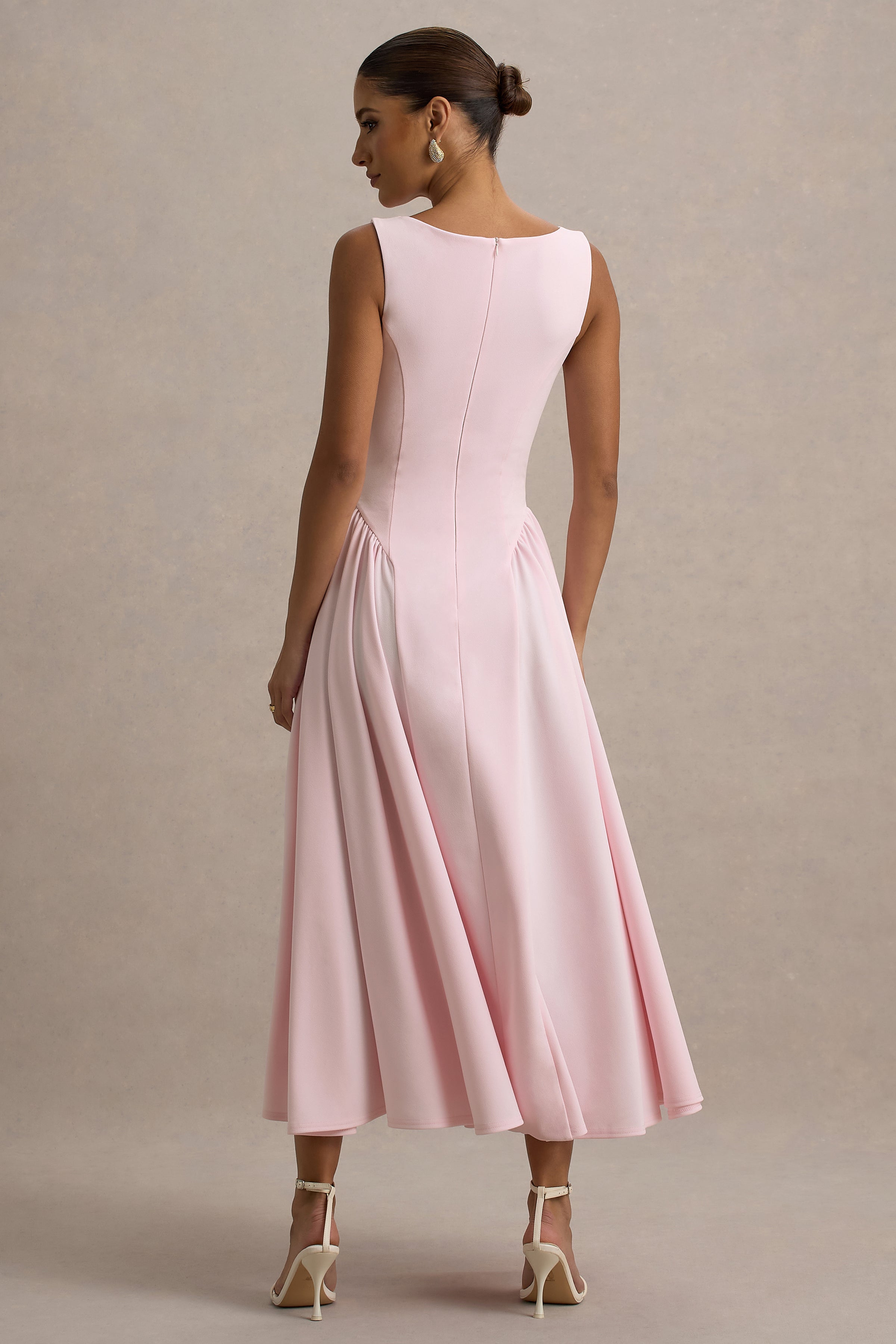 Muriel | Pink Boat-Neck Volume-Hem Midi Dress