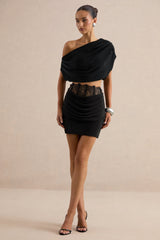 Dariana | Black Satin Mini Skirt With Lace Detail And Draped Detailing