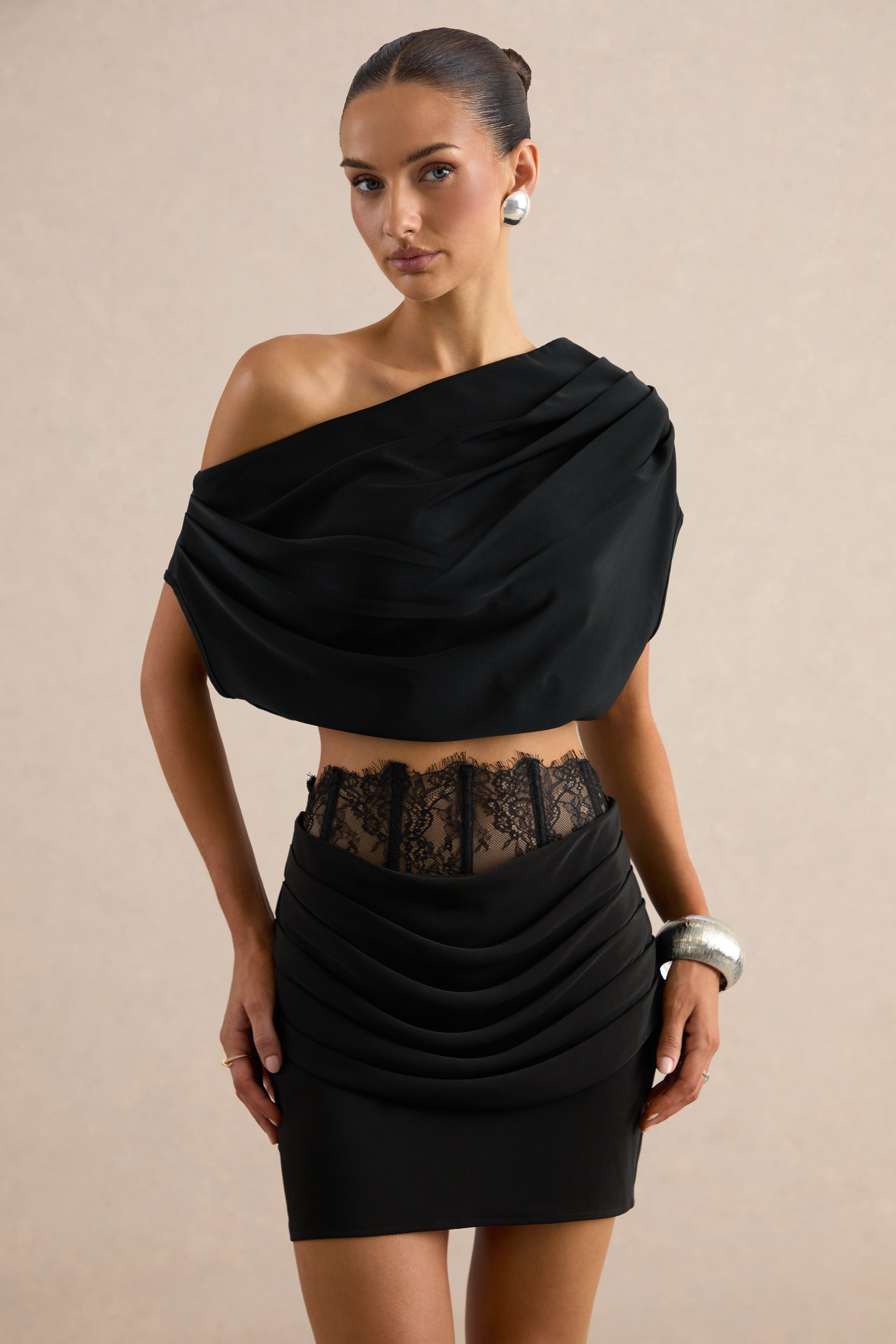 Dariana | Black Satin Mini Skirt With Lace Detail And Draped Detailing
