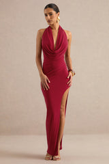 Imogenia | Red Cowl Plunge-Neck Maxi Dress With Front-High Split