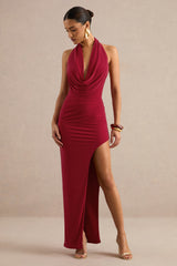 Imogenia | Red Cowl Plunge-Neck Maxi Dress With Front-High Split