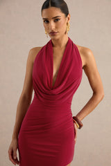 Imogenia | Red Cowl Plunge-Neck Maxi Dress With Front-High Split