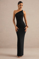 Indalie | Black Twisted Asymmetric-Neck Maxi Dress