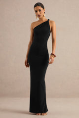 Indalie | Black Twisted Asymmetric-Neck Maxi Dress
