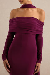 Julissa | Burgundy Bardot-Neck Maxi Dress With Scarf Detail